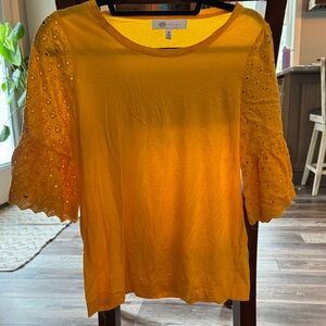 Fever Yellow Eyelet Bell Sleeve Short Sleeve Tee